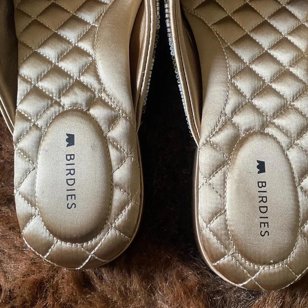 Birdies The Swan Gold White Champagne Chevron Holiday Almond Toe Mules size 7 - Picture 9 of 10